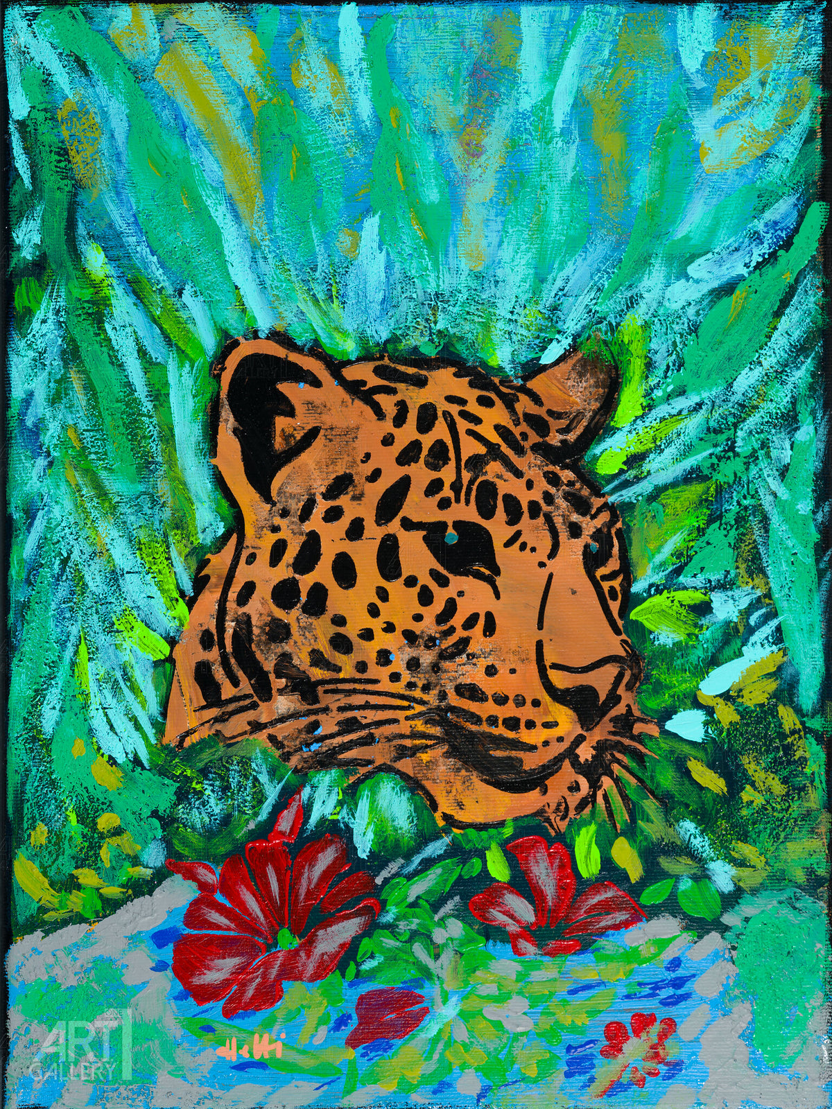 Jaguar im Dschungel am Wasser mit Blumen